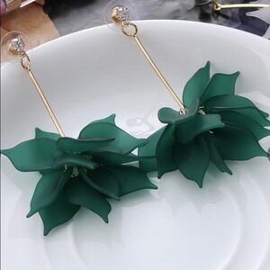 Dark green plant leaf flower drop dangle earrings